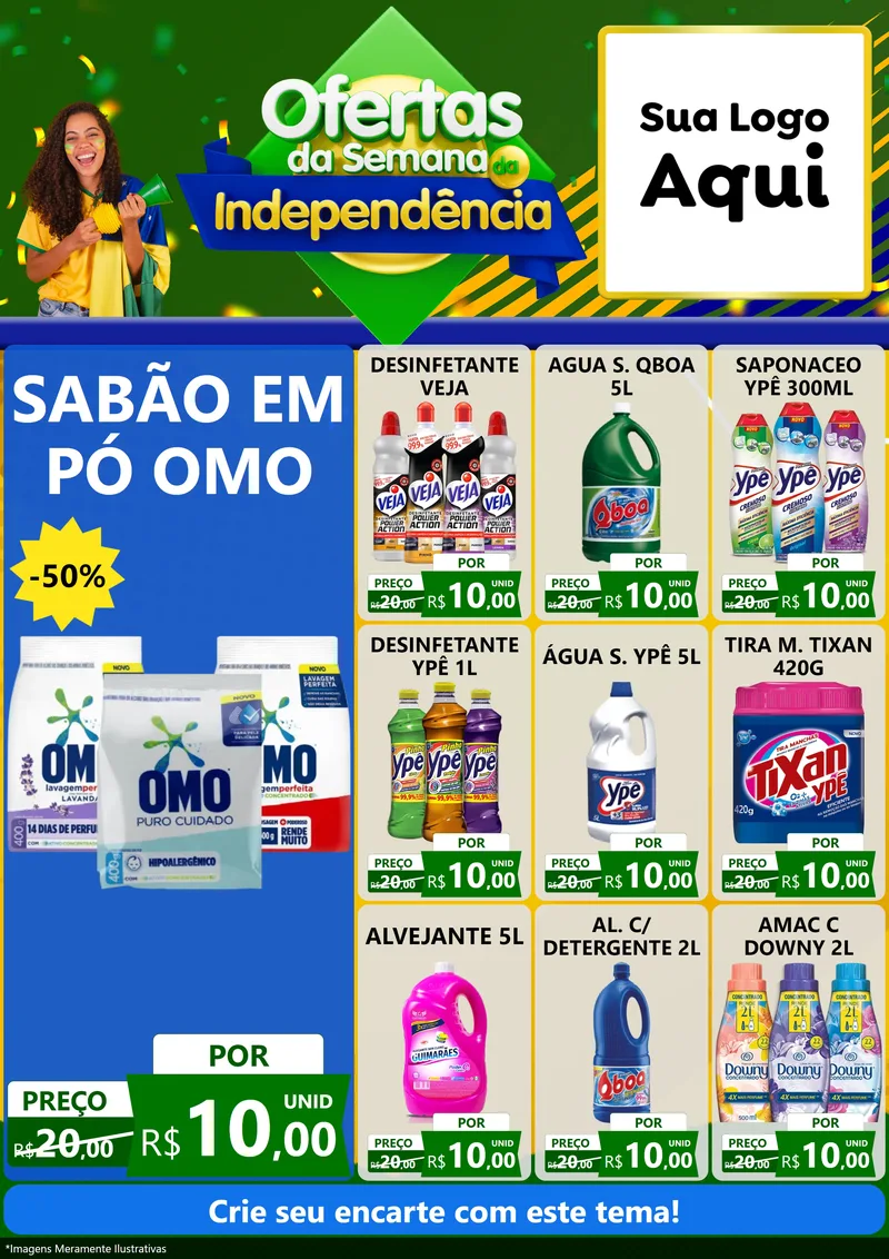Modelo de Encarte para Encarte A4 Vertical com o tema Ofertas da Semana da Independência para Produtos de Limpeza