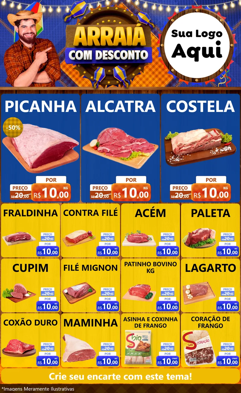 Modelo de Encarte para Encarte Grande com o tema Arraiá Com Desconto para Açougue