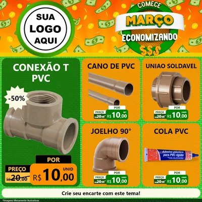 Modelo de Rede Social para Feed Facebook com o tema Comece Março Economizando para Tubos e conexões