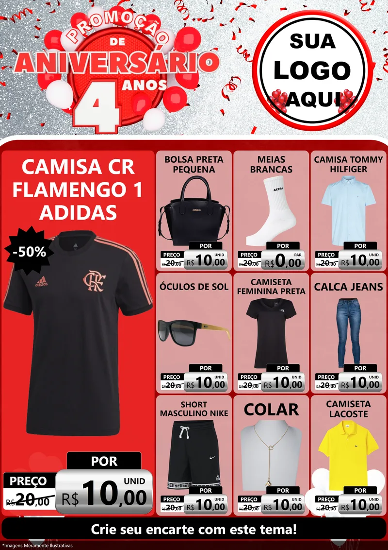 Modelo de Encarte para Encarte A4 Vertical com o tema Promoção de Aniversário - 4 Anos para Roupas e acessórios