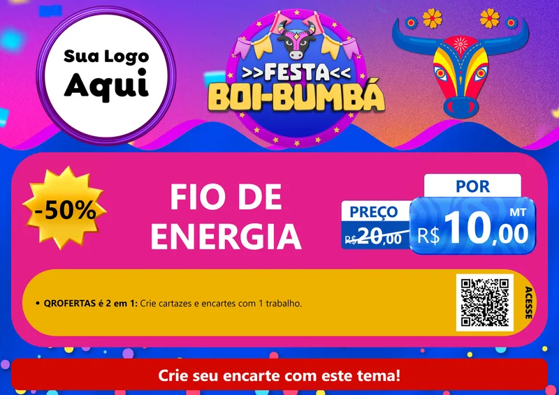 Modelo de Cartaz para Cartaz A4 Horizontal com o tema Festa Boi-Bumbá para Materiais Elétricos