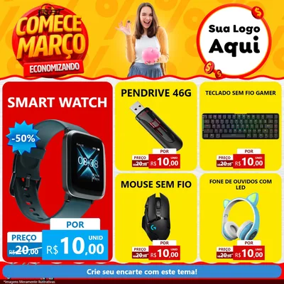 Modelo de Rede Social para Feed Facebook com o tema Comece Março Economizando para Informática