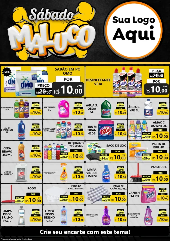 Modelo de Encarte para Encarte A4 Vertical com o tema Sábado Maluco para Produtos de Limpeza