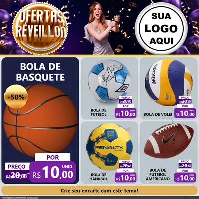 Modelo de Rede Social para Feed Facebook com o tema Ofertas de Réveillon para Artigos Esportivos