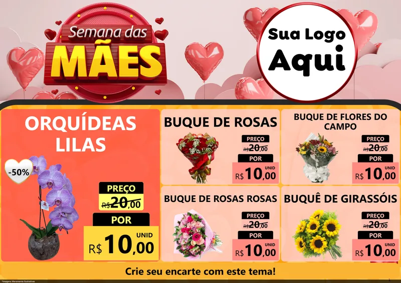 Modelo de Encarte para Encarte A4 Horizontal com o tema Semana das Mães para Floricultura e jardim