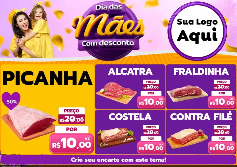 Modelo de Encarte para Encarte A4 Horizontal com o tema Dia das Mães com Desconto para Açougue