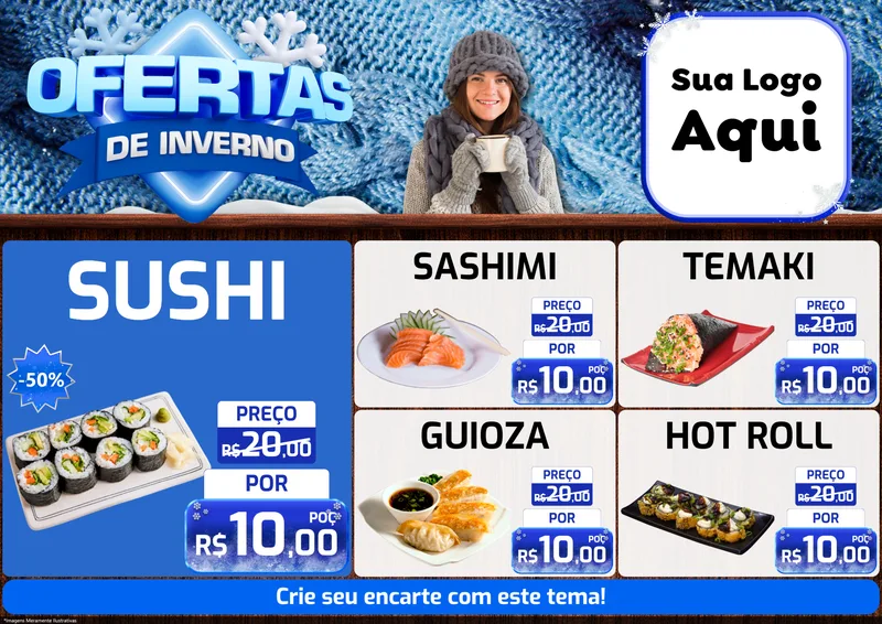 Modelo de Encarte para Encarte A4 Horizontal com o tema Ofertas de Inverno para Comida japonesa