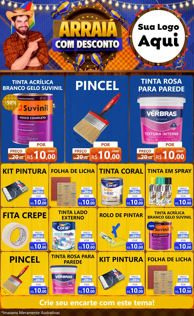 Modelo de Encarte para Encarte Grande com o tema Arraiá Com Desconto para Tintas e Ferramentas