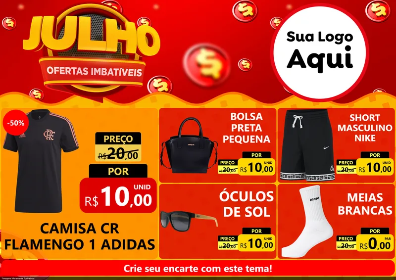 Modelo de Encarte para Encarte A4 Horizontal com o tema Julho Ofertas Imbatíveis para Roupas e acessórios