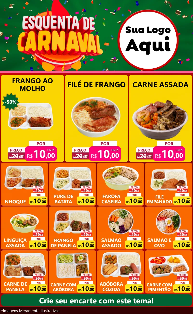 Modelo de Encarte para Encarte Grande com o tema Esquenta de Carnaval para Restaurante