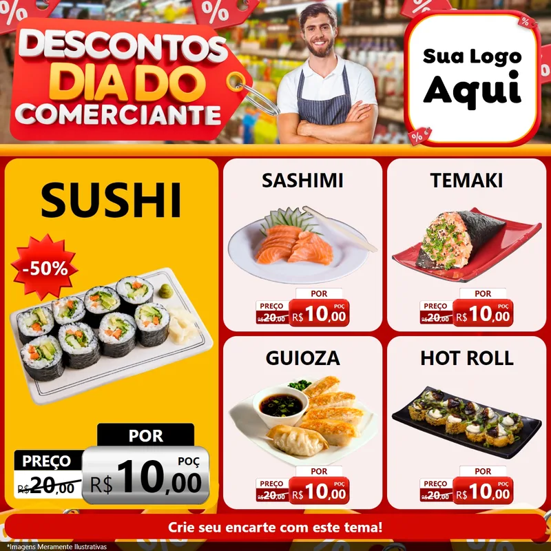 Modelo de Rede Social para Feed Facebook com o tema Descontos Dia do Comerciante para Comida japonesa