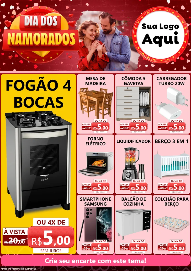 Modelo de Encarte para Encarte A4 Vertical com o tema Dia Dos Namorados para Móveis e Eletro