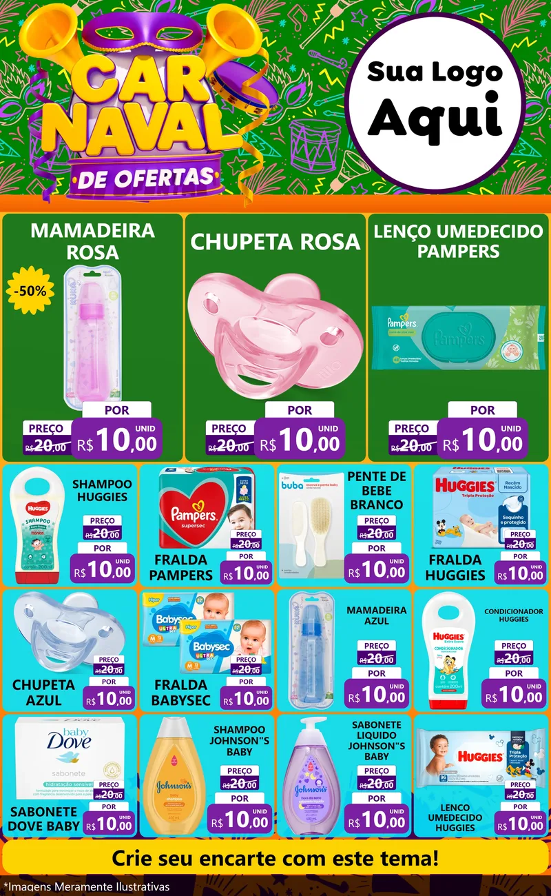 Modelo de Encarte para Encarte Grande com o tema Carnaval de Ofertas para Bebês
