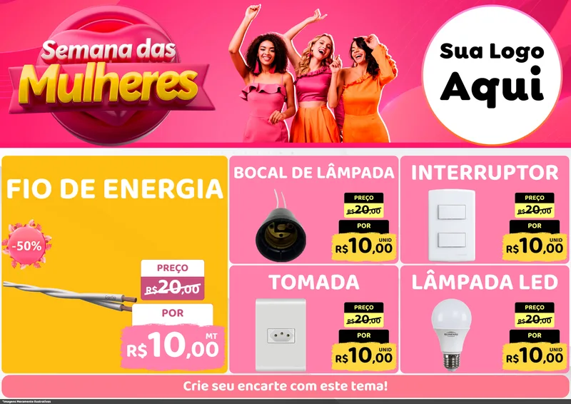 Modelo de Encarte para Encarte A4 Horizontal com o tema Semana das Mulheres para Materiais Elétricos