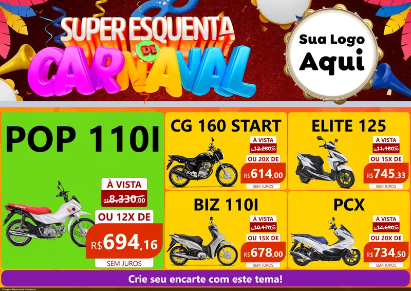 Modelo de Encarte para Encarte A4 Horizontal com o tema Super Esquenta de Carnaval para Concessionaria de Motos