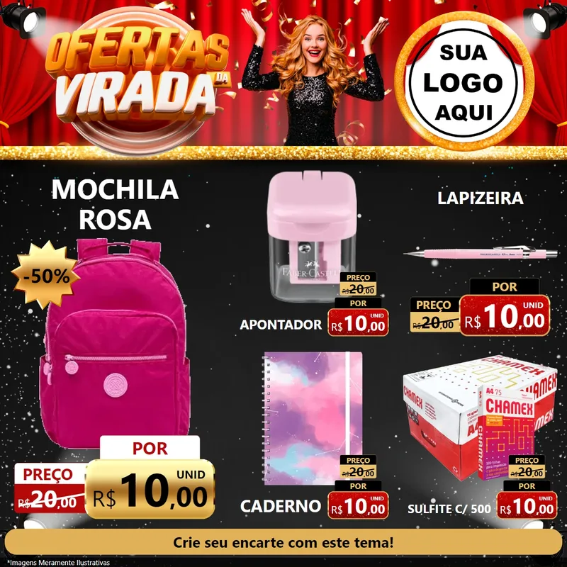 Modelo de Rede Social para Feed Facebook com o tema Ofertas da Virada para Papelaria