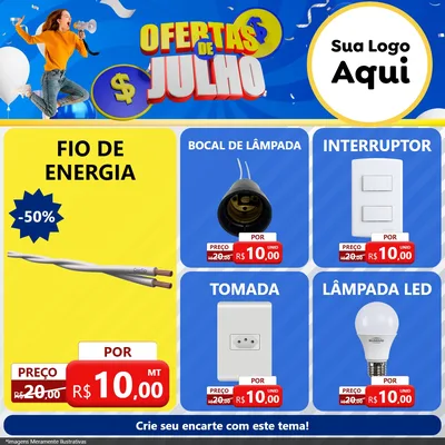 Modelo de Rede Social para Feed Facebook com o tema Ofertas de Julho para Materiais Elétricos