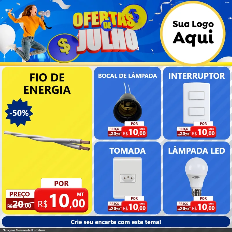 Modelo de Rede Social para Feed Facebook com o tema Ofertas de Julho para Materiais Elétricos