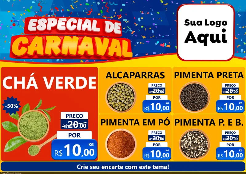 Modelo de Encarte para Encarte A4 Horizontal com o tema Especial de Carnaval para Produtos Naturais