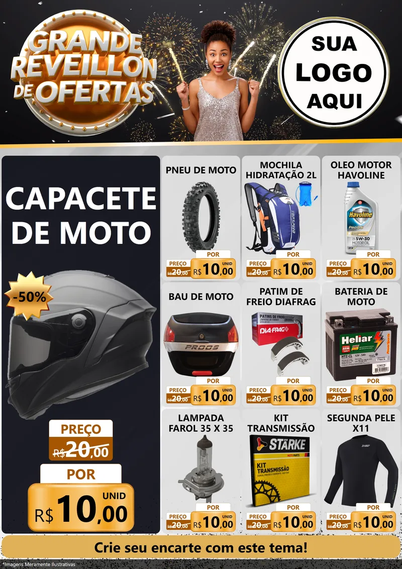 Modelo de Encarte para Encarte A4 Vertical com o tema Grande Réveillon de Ofertas para Moto peças