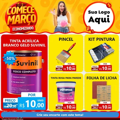 Modelo de Rede Social para Feed Facebook com o tema Comece Março Economizando para Tintas e Ferramentas