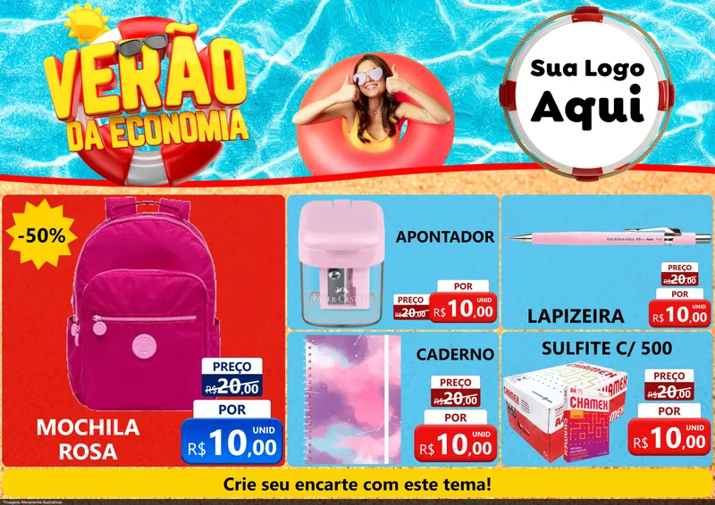 Modelo de Encarte para Encarte A4 Horizontal com o tema Verão da Economia para Papelaria