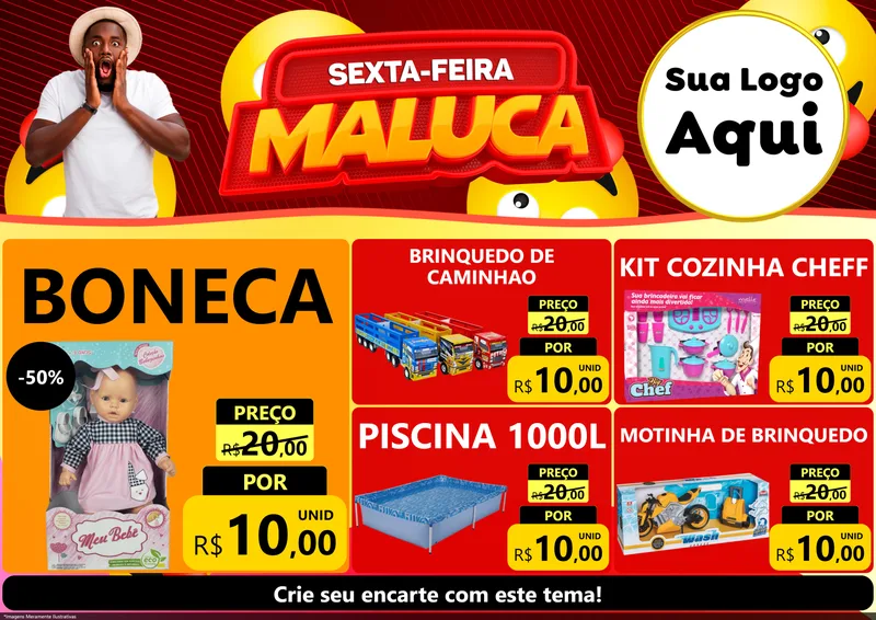 Modelo de Encarte para Encarte A4 Horizontal com o tema Sexta-feira Maluca para Brinquedos
