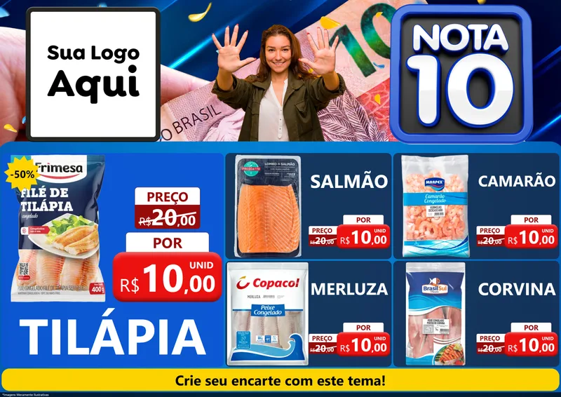 Modelo de Encarte para Encarte A4 Horizontal com o tema Nota 10 para Peixaria