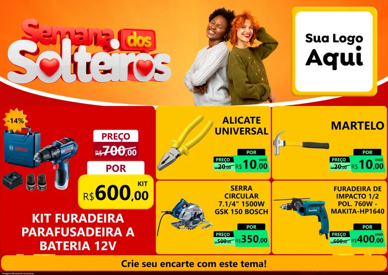 Modelo de Encarte para Encarte A4 Horizontal com o tema Semana dos Solteiros para Maquinas e Ferramentas