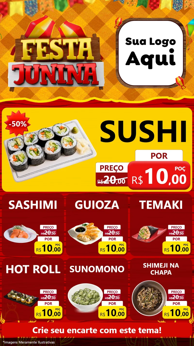 Modelo de Rede Social para Stories com o tema Festa Junina para Comida japonesa
