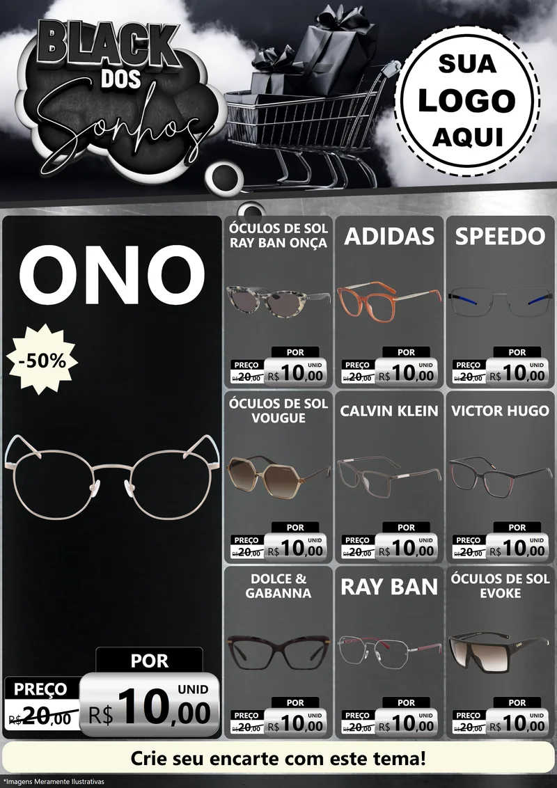 Modelo de Encarte para Encarte A4 Vertical com o tema Black dos Sonhos para Óticas
