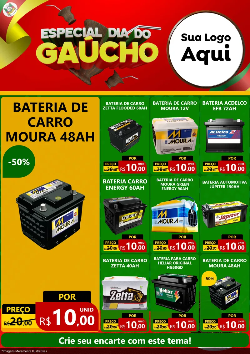 Modelo de Encarte para Encarte A4 Vertical com o tema Especial Dia do Gaúcho para Baterias Elétricas