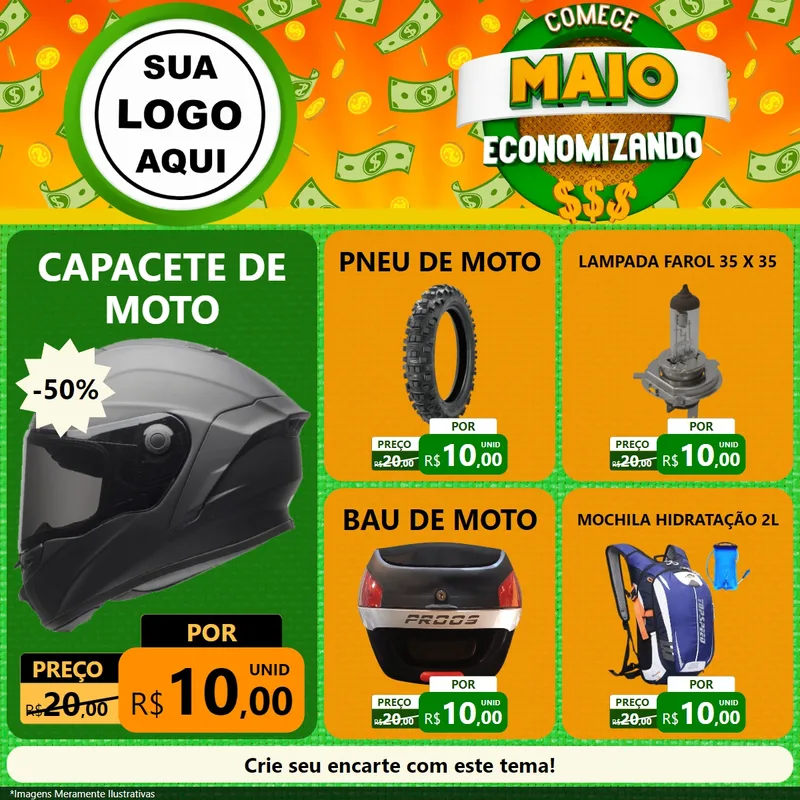 Modelo de Rede Social para Feed Facebook com o tema Comece Maio Economizando para Moto peças