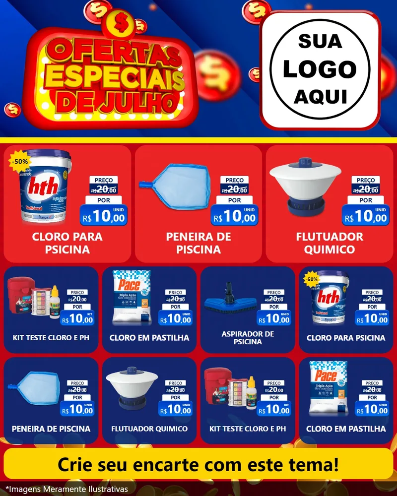 Modelo de Rede Social para Feed Instagram com o tema Ofertas Especiais de Julho para Produtos para Piscina