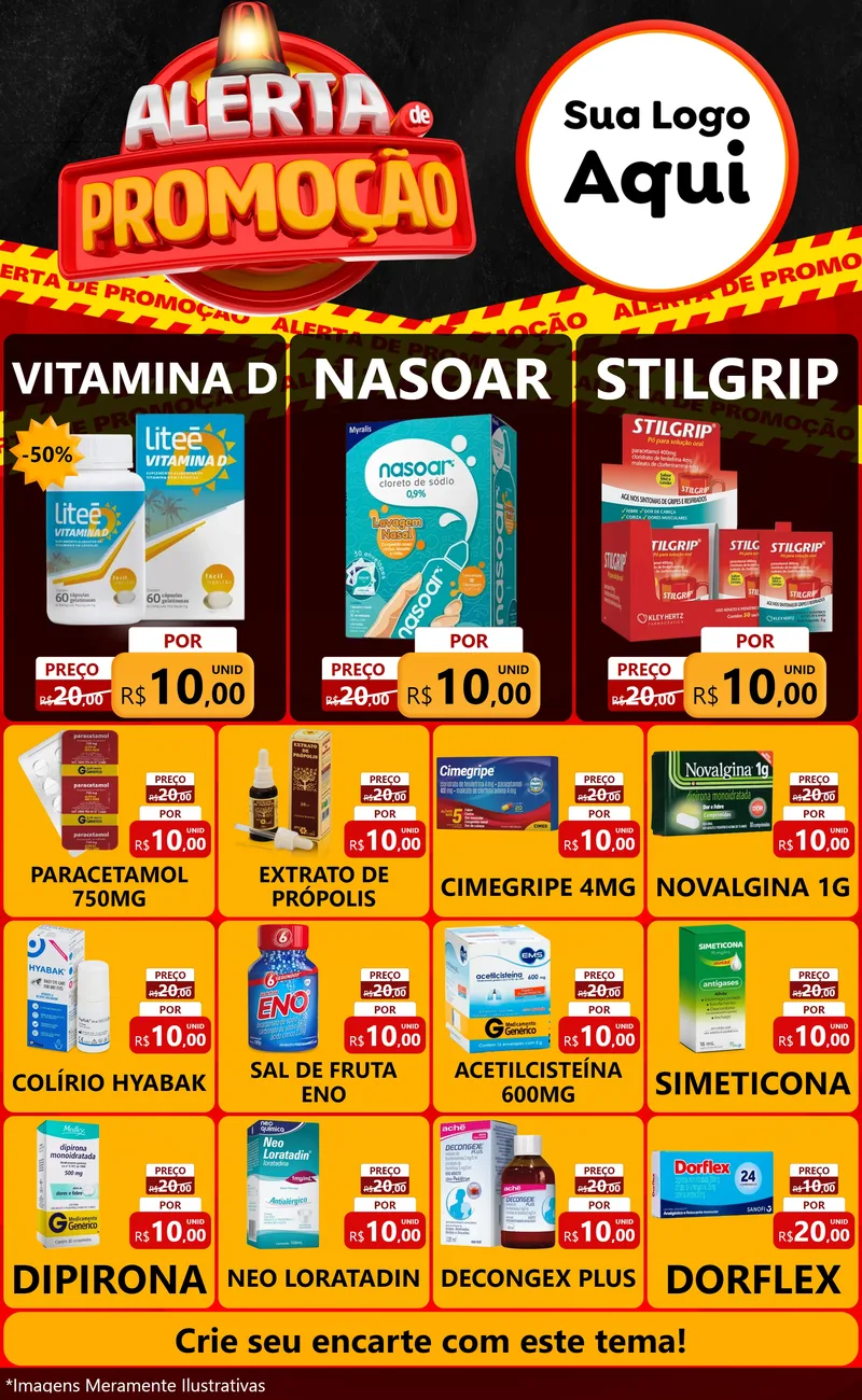 Modelo de Encarte para Encarte Grande com o tema Alerta de Promoção para Farmácia