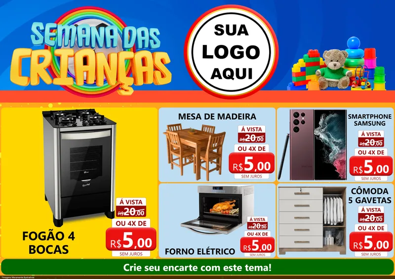 Modelo de Encarte para Encarte A4 Horizontal com o tema Semana das Crianças para Móveis e Eletro