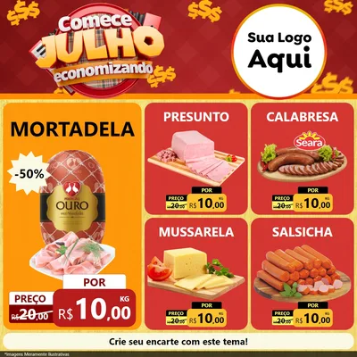 Modelo de Rede Social para Feed Facebook com o tema Comece Julho Economizando para Frios e Laticínios