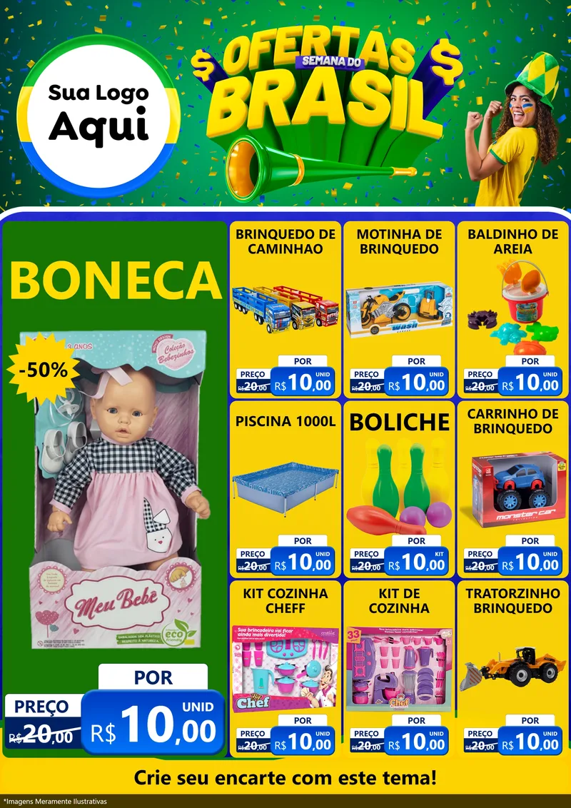 Modelo de Encarte para Encarte A4 Vertical com o tema Ofertas Semana do Brasil para Brinquedos