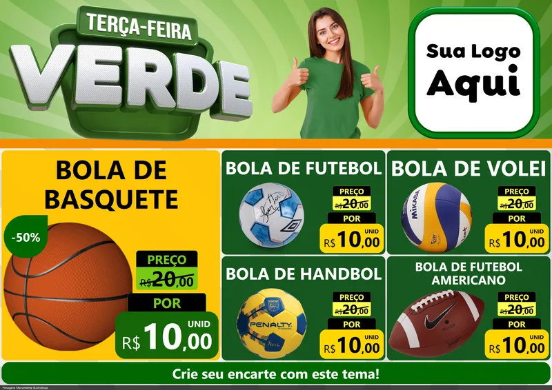 Modelo de Encarte para Encarte A4 Horizontal com o tema Terça - Feira Verde para Artigos Esportivos