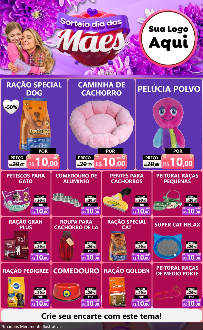 Modelo de Encarte para Encarte Grande com o tema Sorteio Dia das Mães para Pet Shop