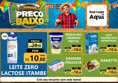 Modelo de Encarte para Encarte A4 Horizontal com o tema Arraiá de Preço Baixo - Junina para Frios e Laticínios