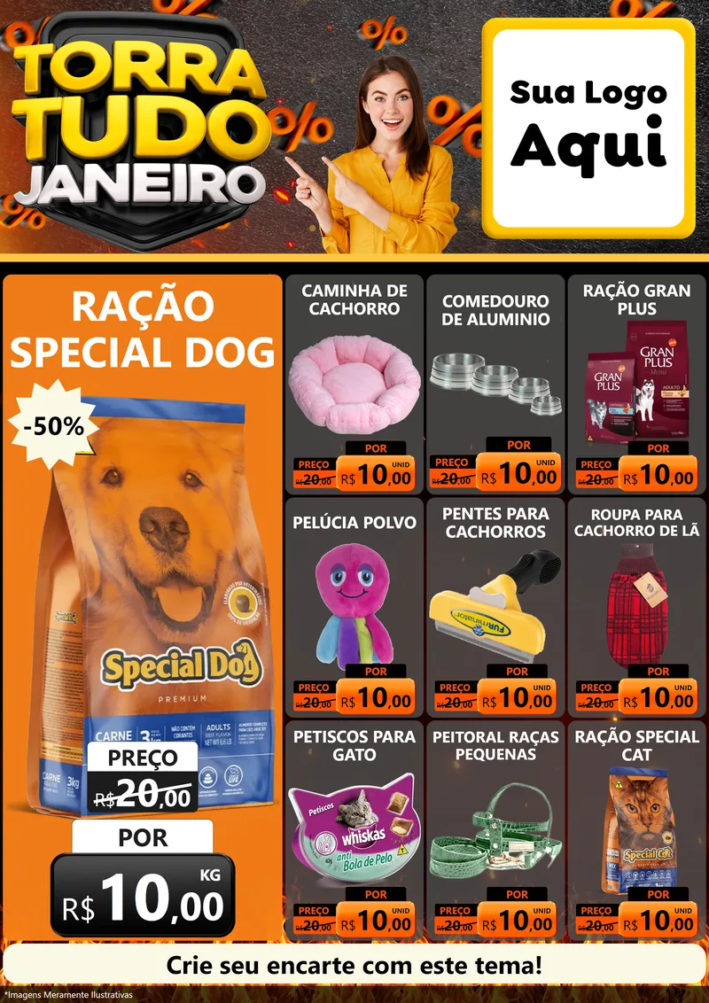 Modelo de Encarte para Encarte A4 Vertical com o tema Torra Tudo Janeiro para Pet Shop