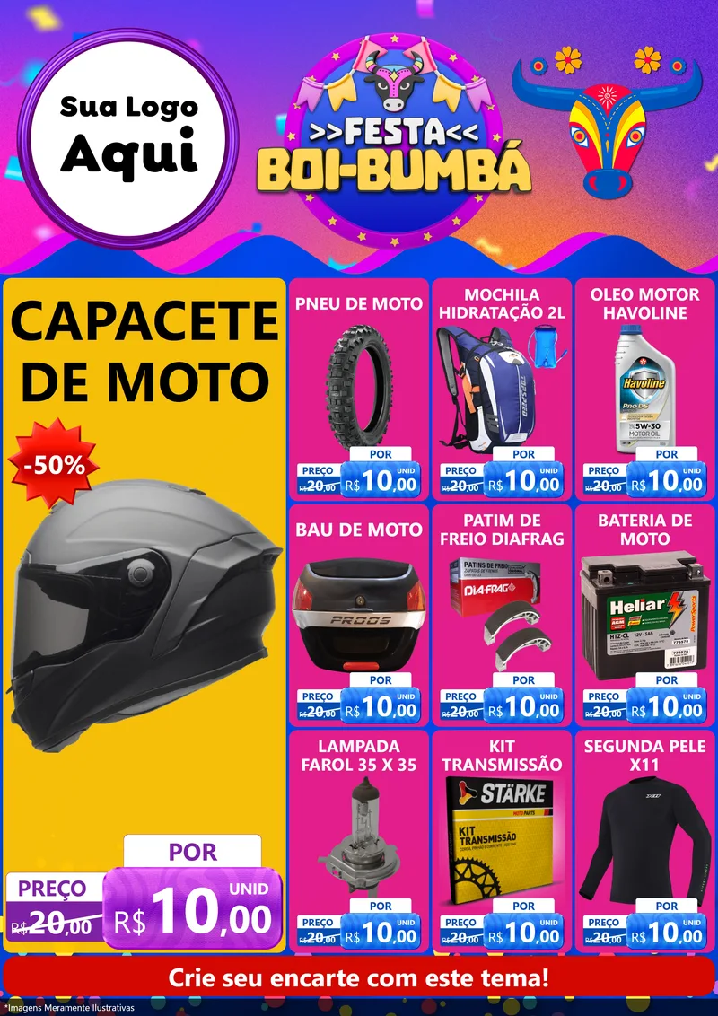 Modelo de Encarte para Encarte A4 Vertical com o tema Festa Boi-Bumbá para Moto peças