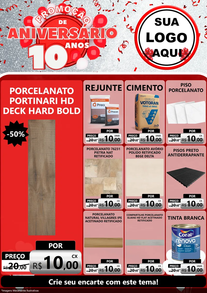 Modelo de Encarte para Encarte A4 Vertical com o tema Promoção de Aniversário - 10 Anos para Pisos e revestimentos