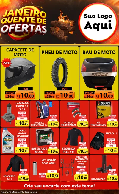 Modelo de Encarte para Encarte Grande com o tema Janeiro Quente de Ofertas para Moto peças