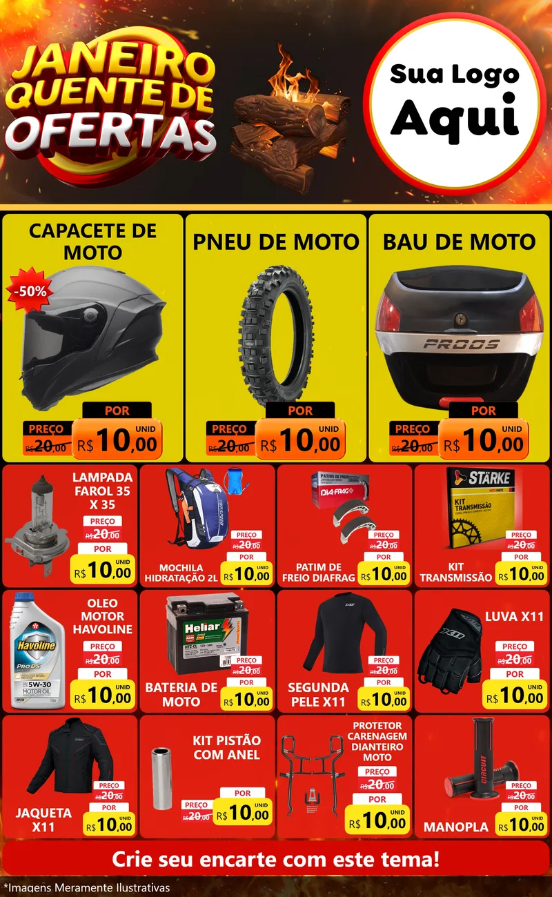 Modelo de Encarte para Encarte Grande com o tema Janeiro Quente de Ofertas para Moto peças