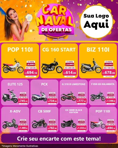 Modelo de Rede Social para Feed Instagram com o tema Carnaval de Ofertas para Concessionaria de Motos