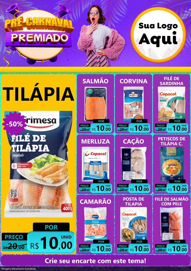 Modelo de Encarte para Encarte A4 Vertical com o tema Pré-Carnaval Premiado para Peixaria