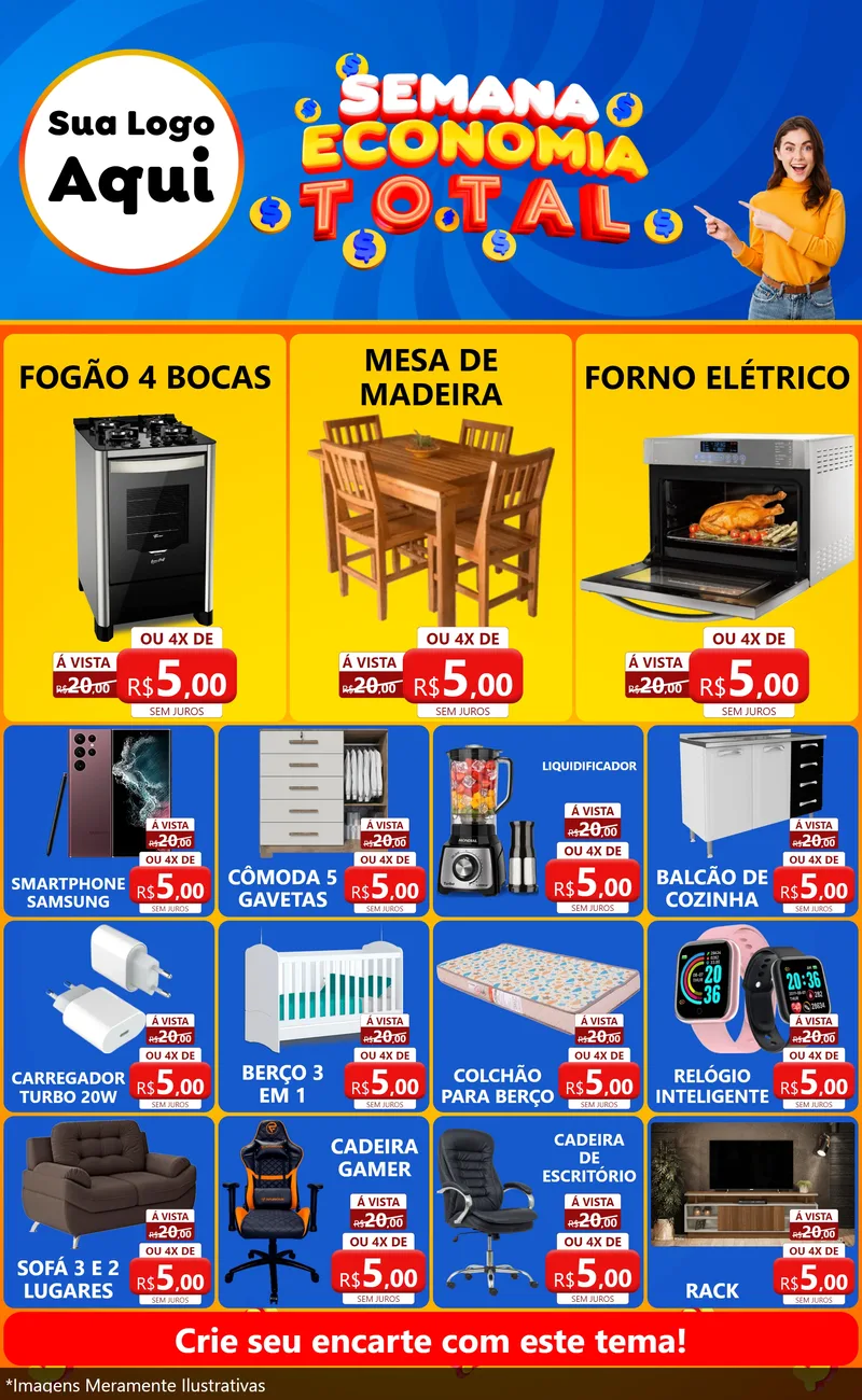 Modelo de Encarte para Encarte Grande com o tema Semana Economia Total para Móveis e Eletro