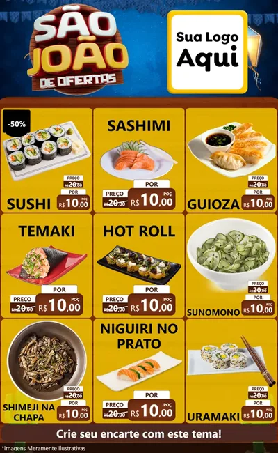 Modelo de Encarte para Encarte Grande com o tema São João Ofertas Imbatíveis! - Junina para Comida japonesa